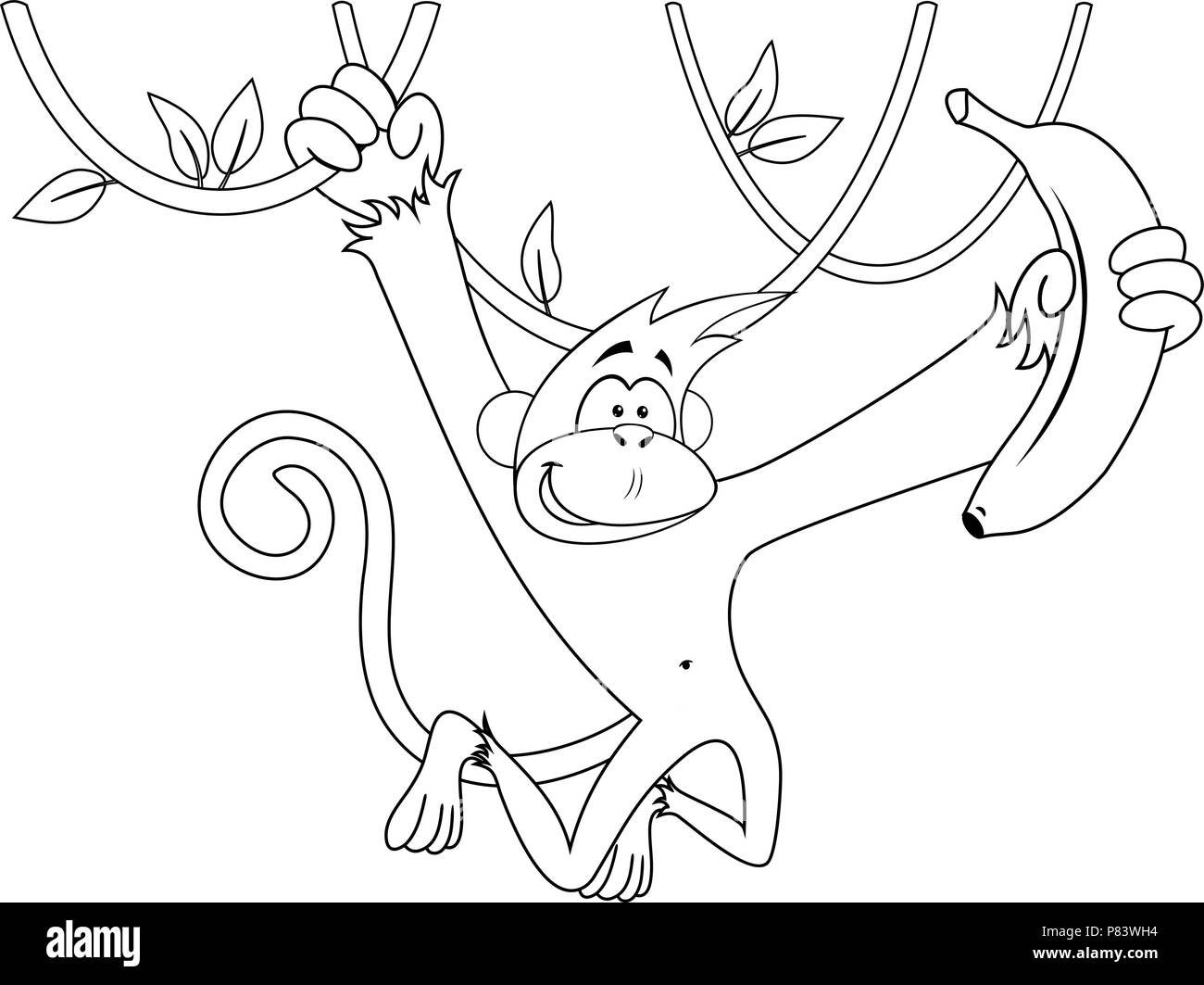 Cartoon happy monkey pendaison et holding banana Illustration de Vecteur