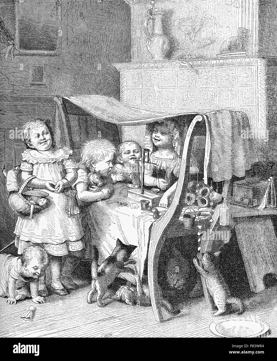 Vintage print, les enfants s'amusant à jouer ensemble au jeu des vendeurs de marché, avec des petits autour de Banque D'Images