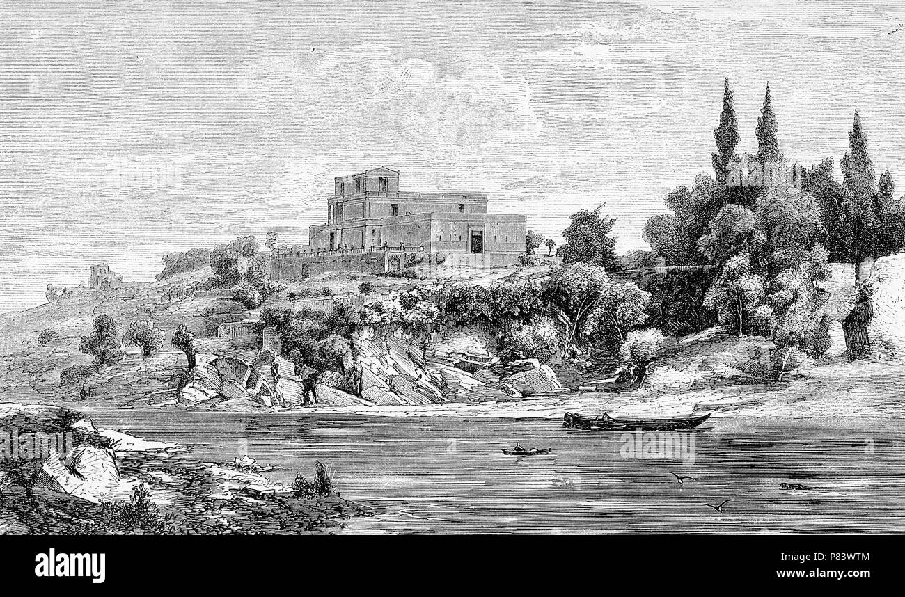 Vintage print du Pompeianum, réplique d'une villa romaine sur les rives de la rivière Main à Aschaffensburg, Bavaria, construit en 1840 pour le roi Ludwig I. L'intérieur de mosaïques ont été copiés à partir d'anciens modèles. Banque D'Images