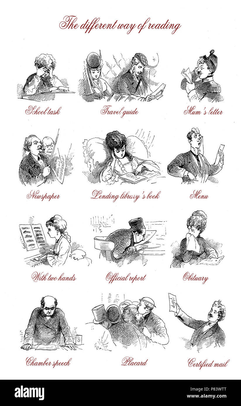 Vintage caricatures et fun:lecteurs et les différentes façon de lire, d'hommes et de femmes illustrés avec humour Banque D'Images