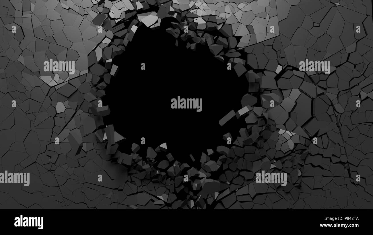 Mur brisé concept. Trou sur un mur noir cassé un espace blanc. 3d illustration Banque D'Images