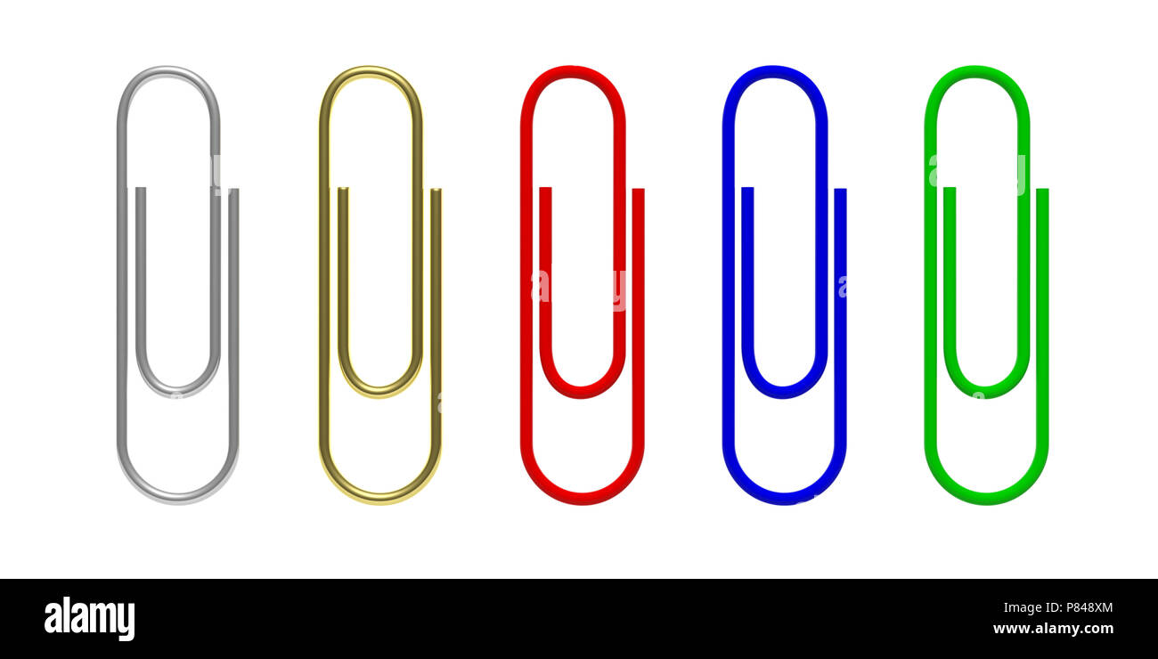 Concept de papeterie. Trombones en différentes couleurs, isolé, dentelle sur fond blanc. 3d illustration. Banque D'Images