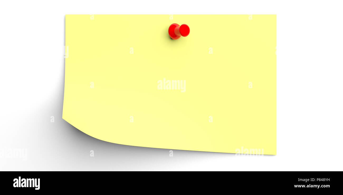 Concept de rappel. Écrire note Avec épingle jaune isolé sur fond blanc, copie de l'espace. 3d illustration. Banque D'Images