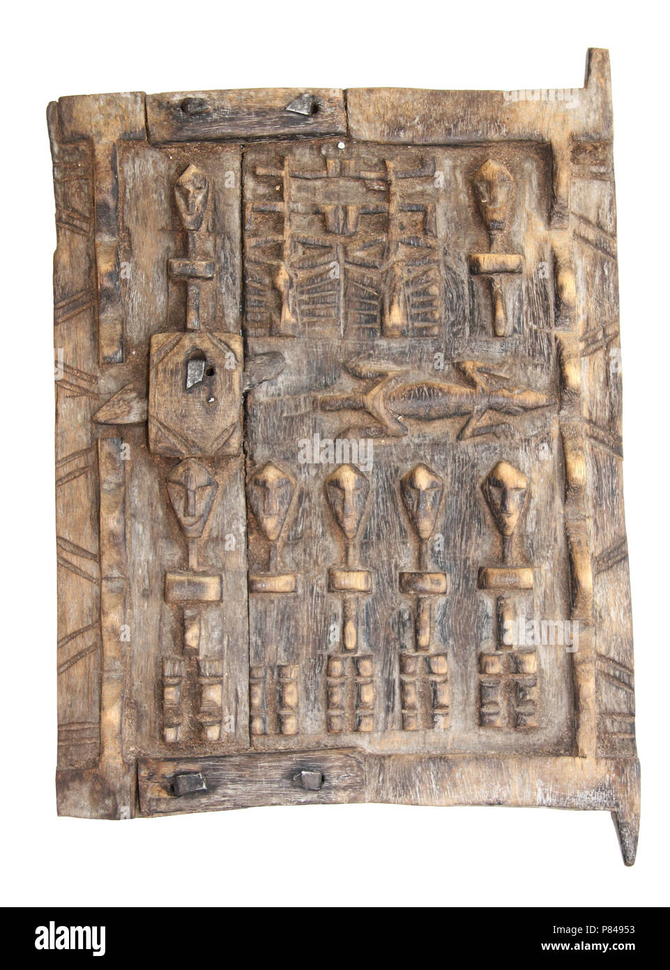 Fenêtre en bois traditionnel marocain volet avec ornement sculpté décoratif avec les gens et le cap Lizard. Isolé sur fond blanc de l'objet Banque D'Images
