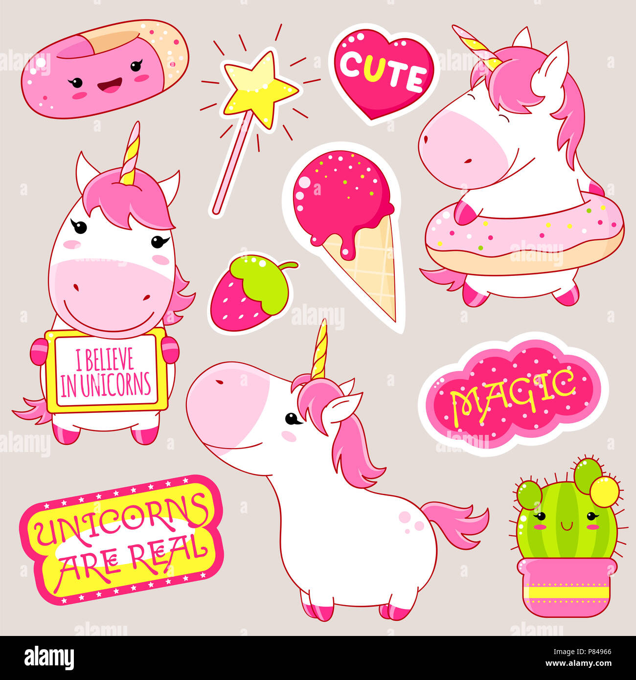 Ensemble de style kawaii cute dans les licornes. Avec Unicorn donut, cactus en pot, baguette magique, un autocollant avec l'inscription de la magie, je crois en l'unicors. Spe8 Banque D'Images