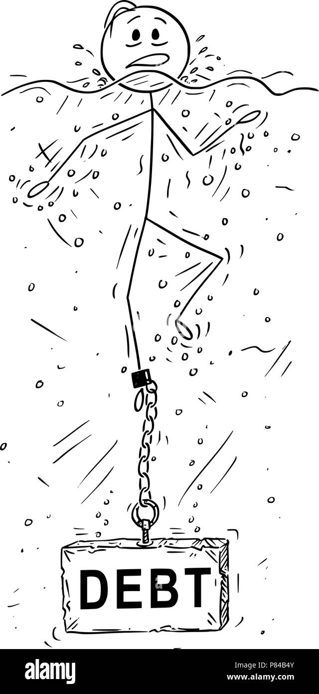 Caricature de l'homme d'affaires ou la noyade avec Pierre de la dette ou de béton Poids enchaîné à sa jambe Illustration de Vecteur