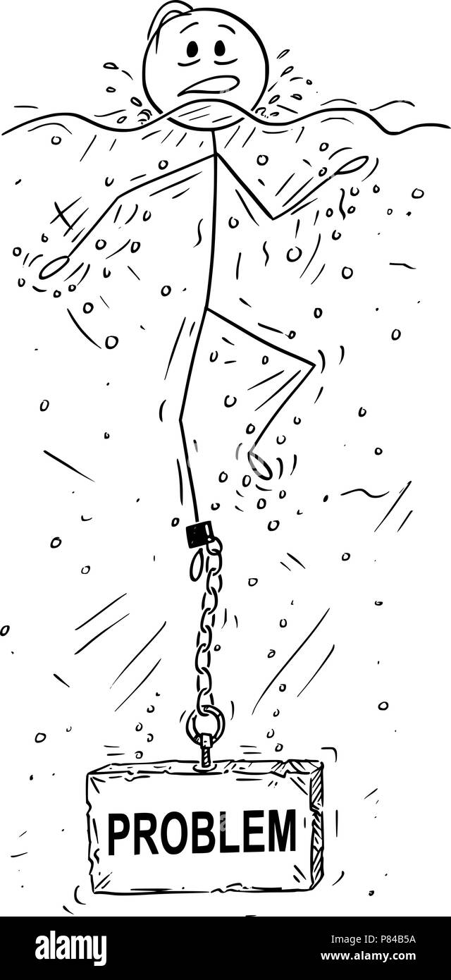 Caricature de l'homme d'affaires ou la noyade avec problème de poids en béton ou pierre enchaîné à sa jambe Illustration de Vecteur