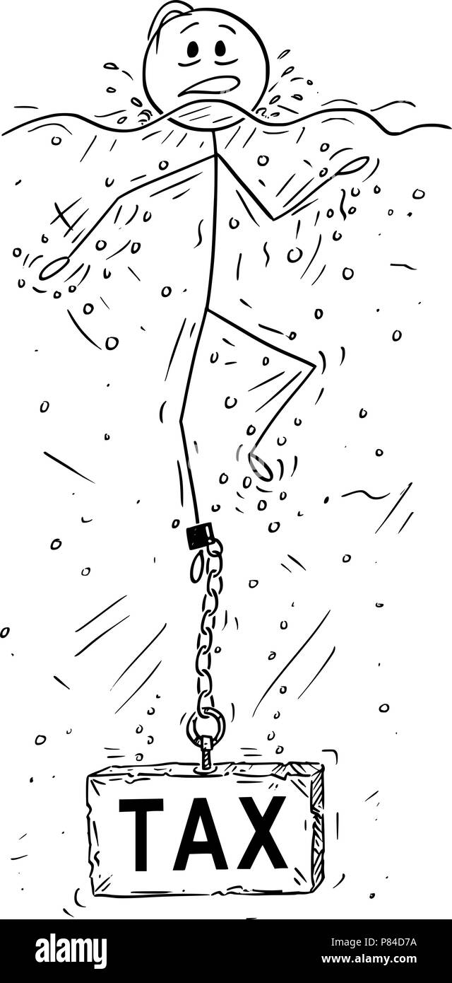 Caricature de l'homme d'affaires ou la noyade avec Pierre d'impôt ou de béton Poids enchaîné à sa jambe Illustration de Vecteur