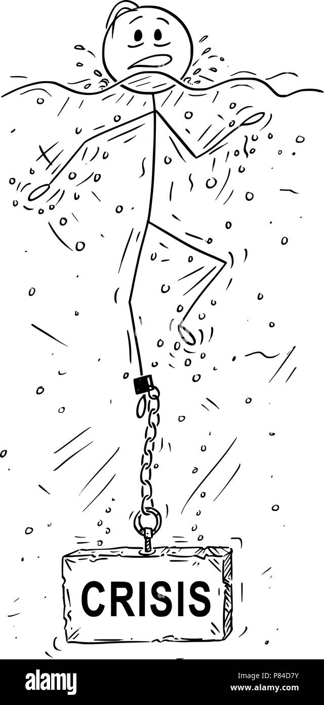 Caricature de l'homme d'affaires ou la noyade avec Pierre ou ciment Poids avec crise Textes enchaînés à la jambe Illustration de Vecteur