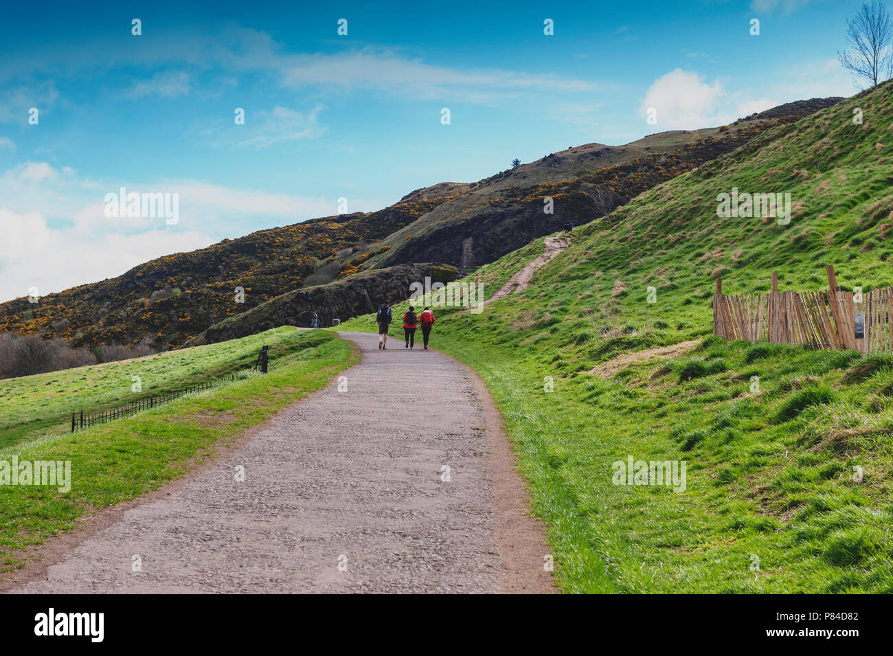 Une randonnée à vélo à travers des pentes herbeuses jusqu'à Arthur's Seat, le point le plus élevé à Édimbourg situé à Holyrood Park, Ecosse, Royaume-Uni Banque D'Images
