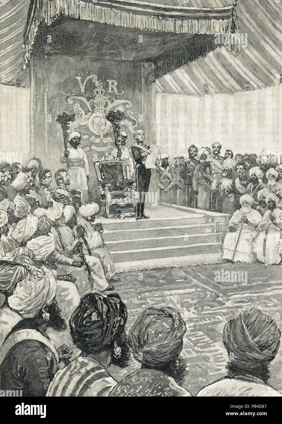 La Proclamation de la reine Victoria en tant que souverain de l'Inde par Lord Canning, à Allahabad, l'Uttar Pradesh, le 1 er novembre 1858, en vertu de la Loi sur le gouvernement de l'Inde 1858, à la suite de la rébellion indienne de 1857 Banque D'Images
