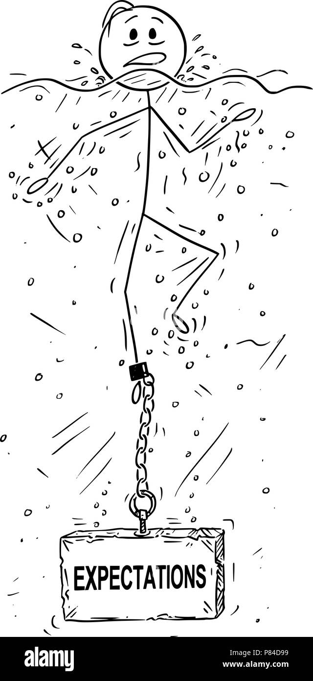 Caricature de l'homme d'affaires ou la noyade avec Pierre ou ciment Poids avec texte Attentes enchaîné à sa jambe Illustration de Vecteur