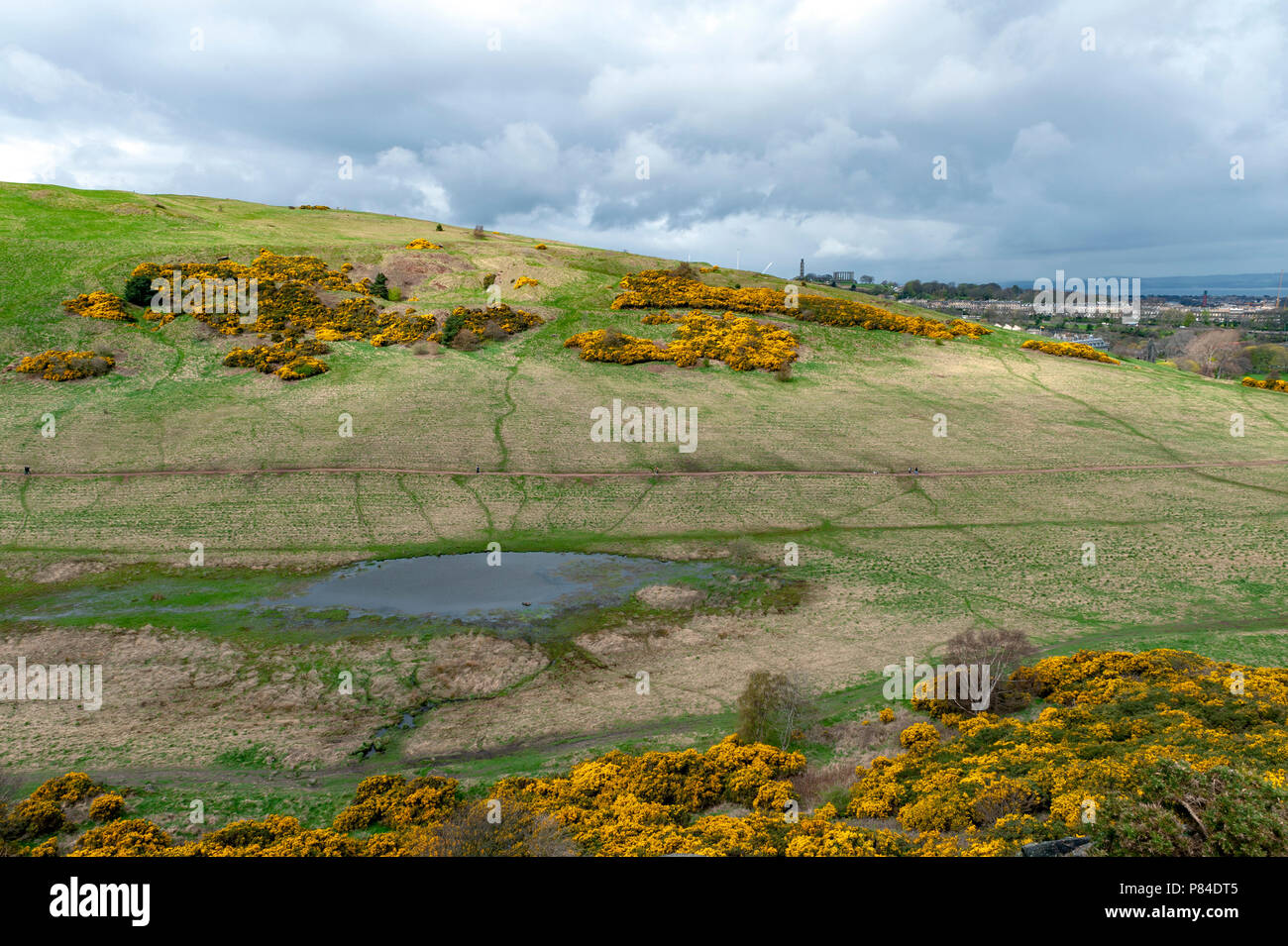 Une randonnée à vélo à travers des pentes herbeuses jusqu'à Arthur's Seat, le point le plus élevé à Édimbourg situé à Holyrood Park, Ecosse, Royaume-Uni Banque D'Images