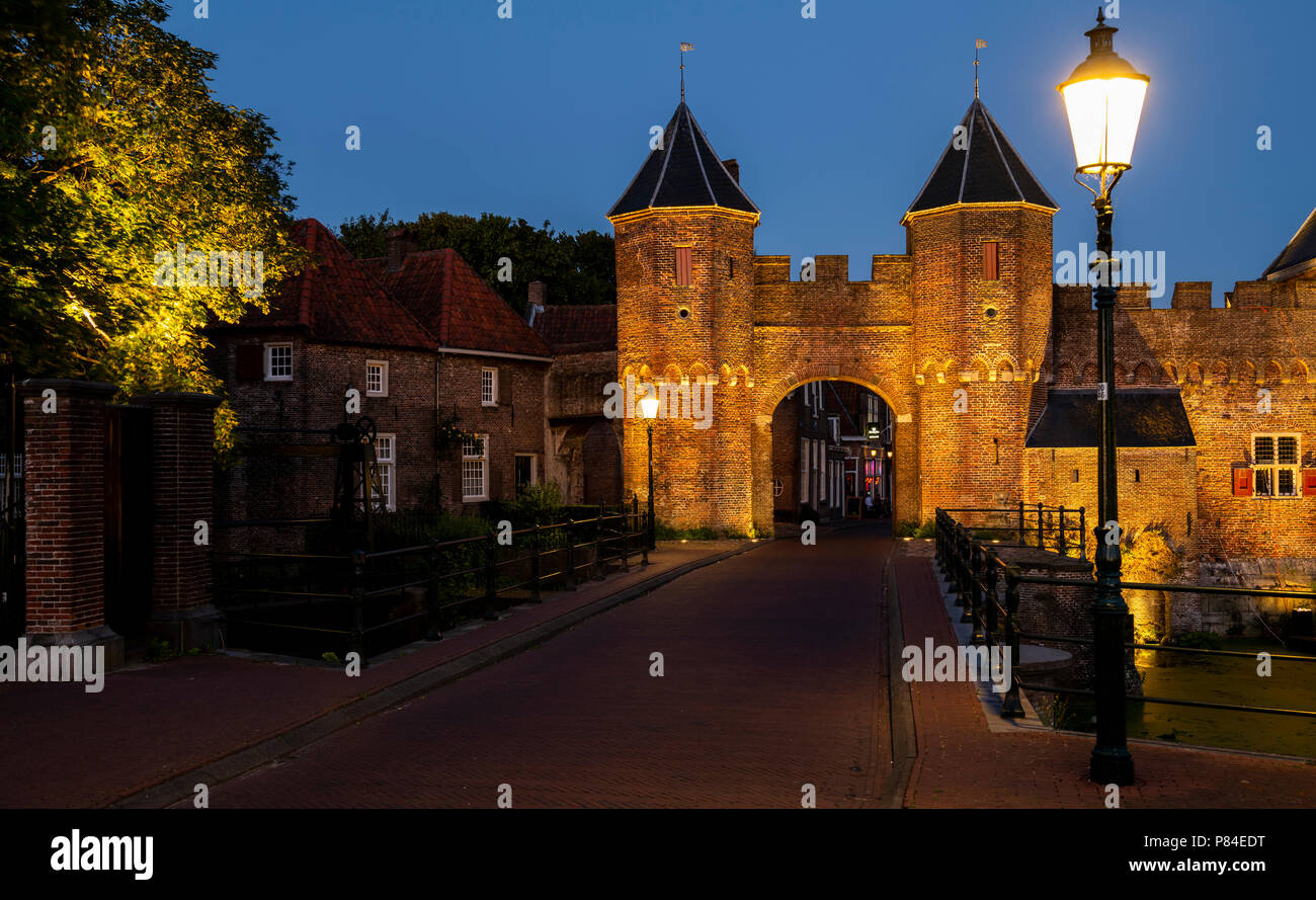 Vélizy, France - 28 juin 2018 : Koppelpoort dans la soirée avec deux llighted lampadaires et une rue sombre. Banque D'Images