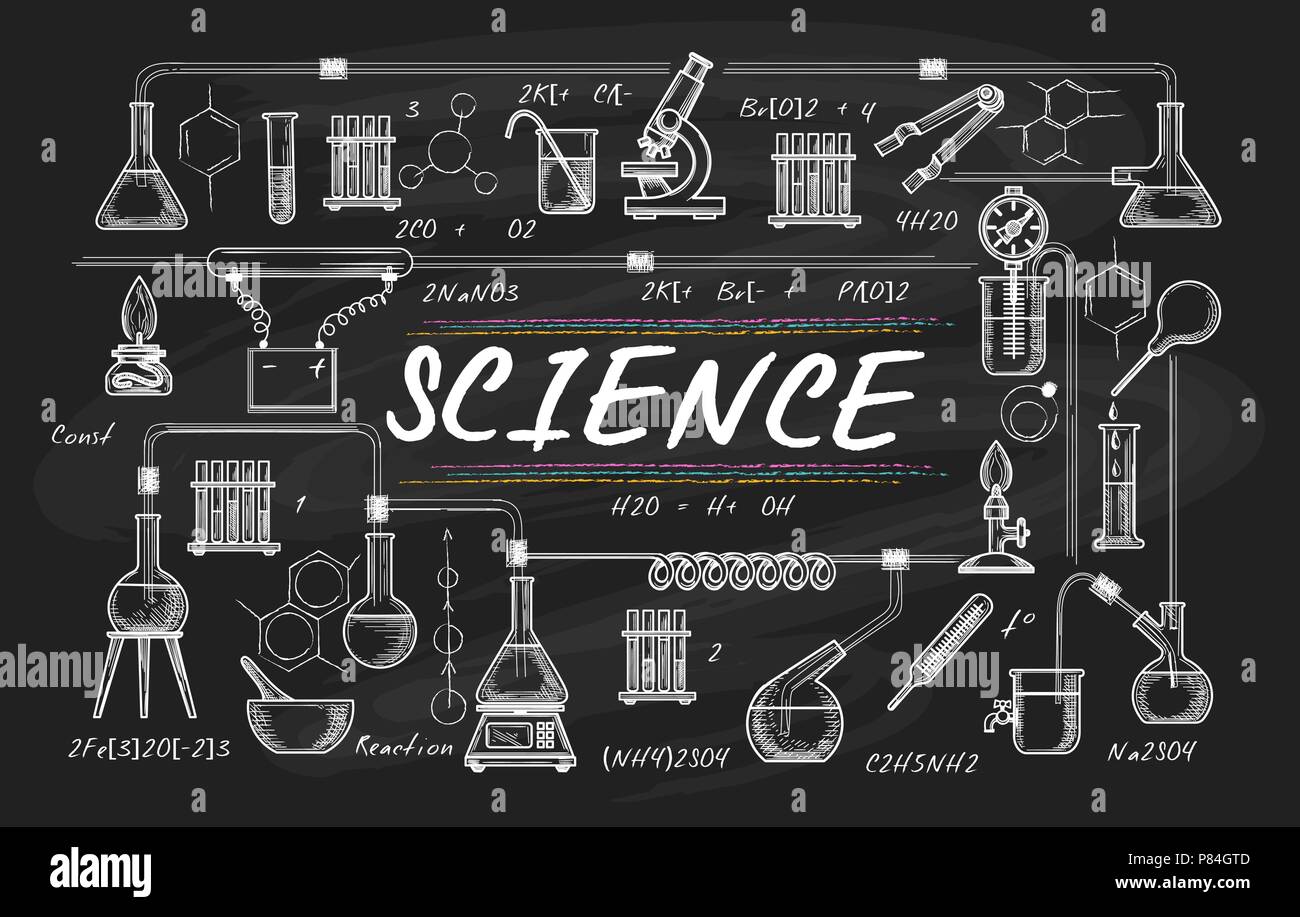 Tableau noir la science à l'école. Professeur de dessin, conseil chimique chimie vecteur croquis en classe, les élèves dessins au pastel de laboratoire Illustration de Vecteur