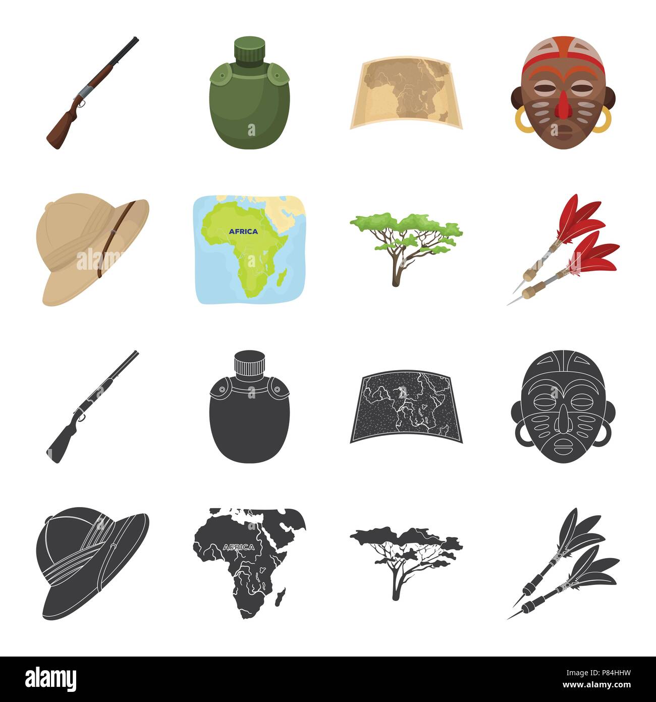 Cork hat, fléchettes, arbre de savane, territoire carte. African Safari Set collection icônes de black,cartoon style symbole vecteur illustration de stock . Illustration de Vecteur