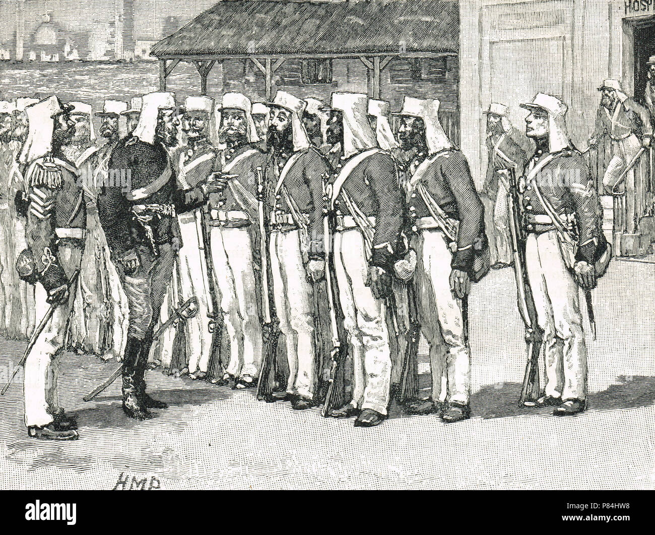 Les soldats malades, de quitter l'hôpital de leur propre initiative, rendre au travail, et refusant d'être renvoyé, lors du siège de Lucknow, Révolte des cipayes de 1857 Banque D'Images