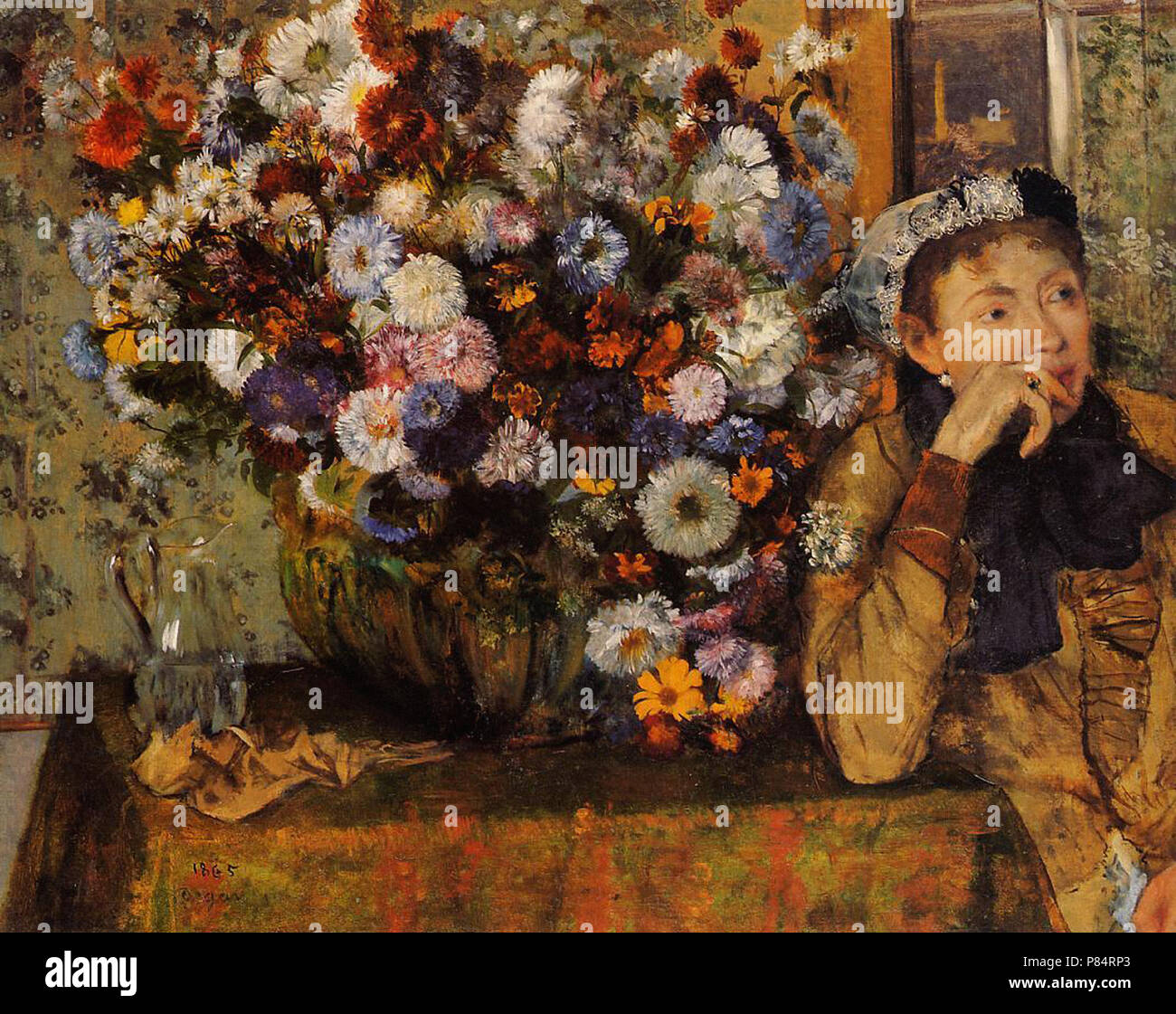Edgar Degas - une femme assise à côté d'un vase de fleurs (1865) Sardela Banque D'Images