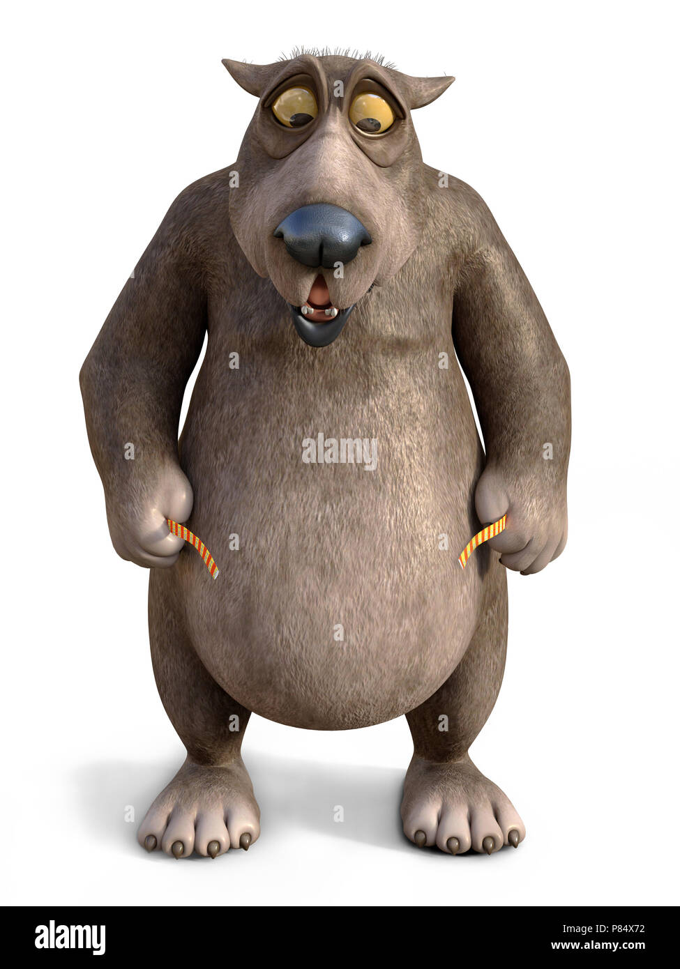 Le rendu 3D d'un dessin charmant, chubby bear à choqué lors de la mesure de sa taille. Arrière-plan blanc. Banque D'Images