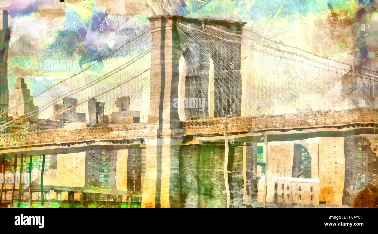 Peinture à l'huile. Pont de Brooklyn. Banque D'Images