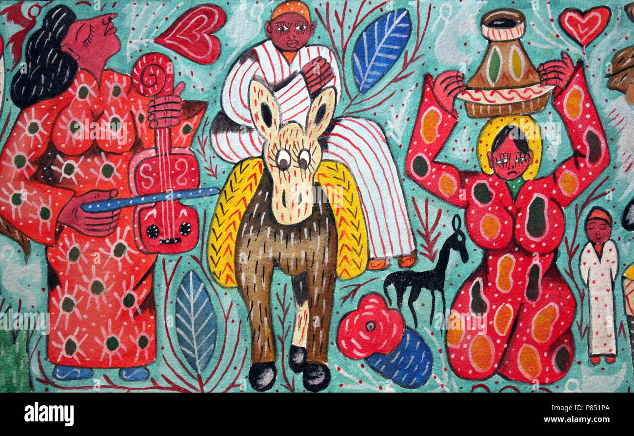 Style colorés de la peinture abstraite par des artistes populaires d'Essaouira, Maroc Banque D'Images