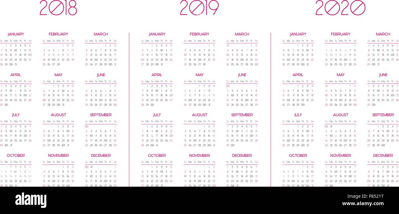 Modèle de calendrier pour 2018, 2019, 2020 Illustration de Vecteur
