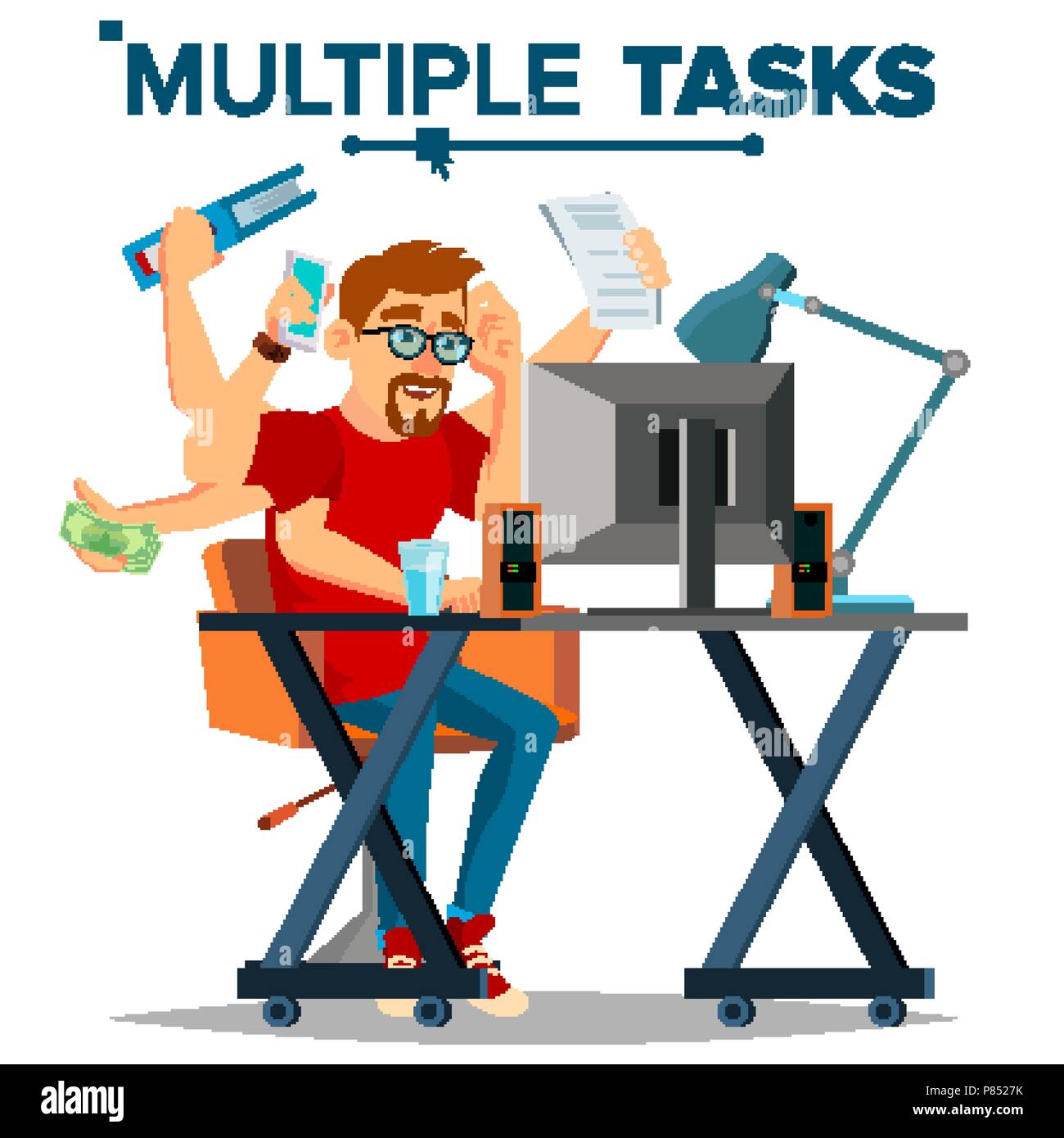 Plusieurs tâches Businessman vecteur. Les mains de plusieurs tâches simultanément. Stratégie d'entreprise. Télévision Cartoon Illustration Illustration de Vecteur