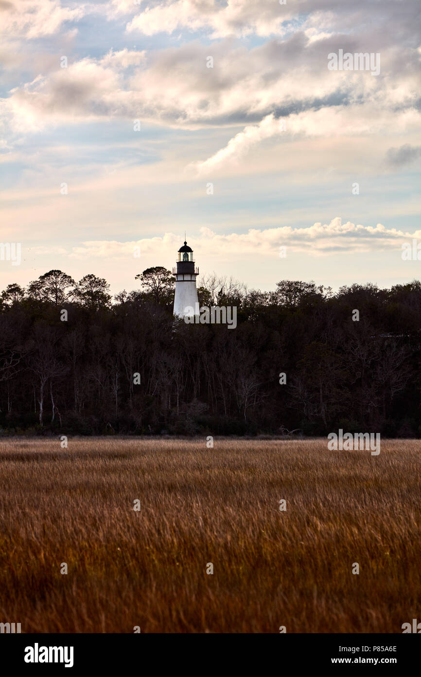Amelia Island Lighthouse vu à travers un marais de Fort Clinch State Park, Floride Banque D'Images
