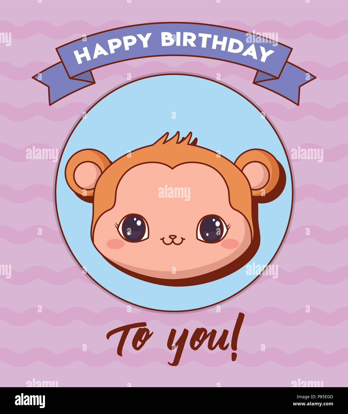 Joyeux Anniversaire Avec Un Singe Mignon Et De L Icone Ruban Decoratif Sur Fond Violet Design Colore Vector Illustration Image Vectorielle Stock Alamy