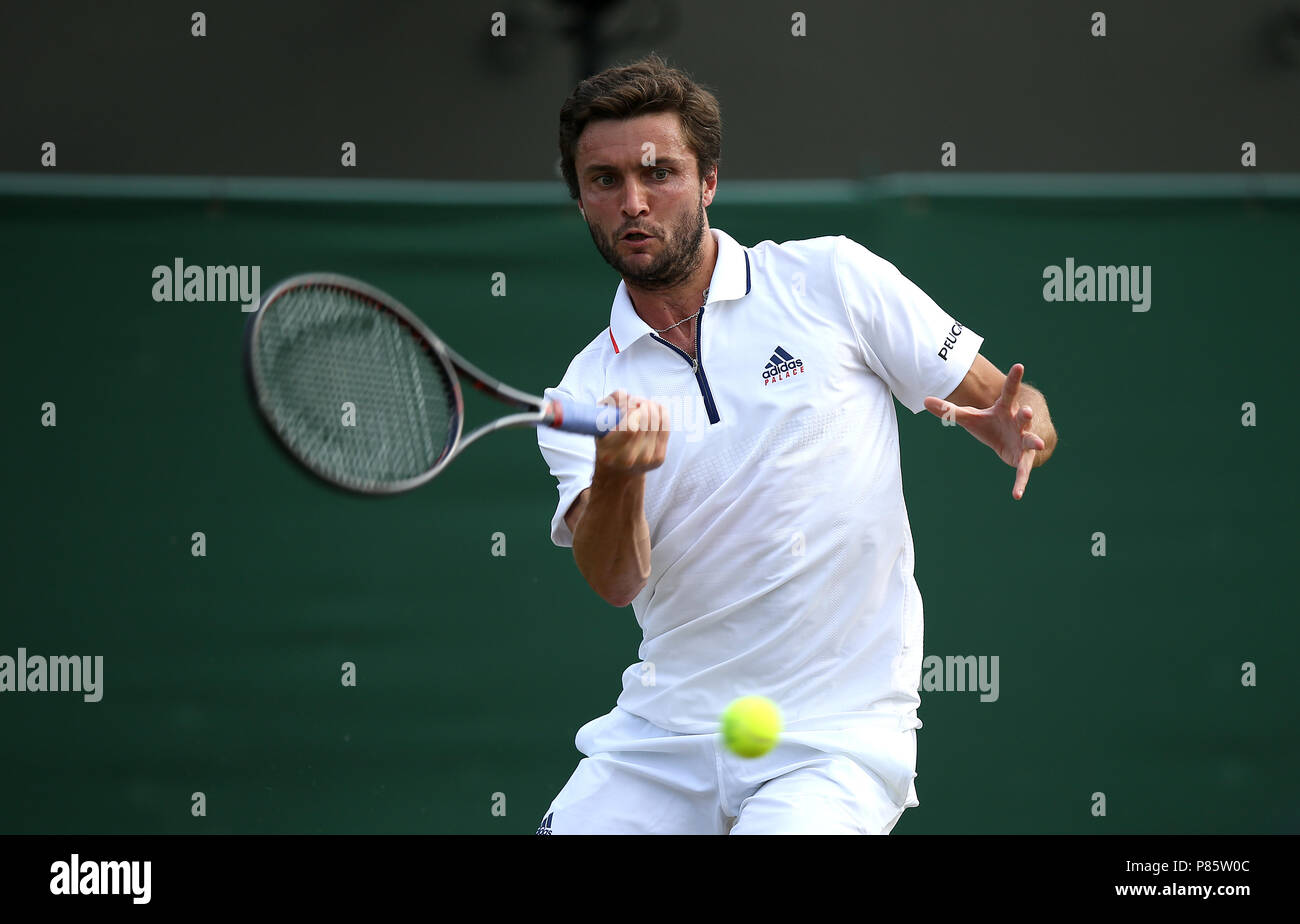 Gilles Simon en action le septième jour des championnats de Wimbledon au All England Lawn tennis and Croquet Club, Wimbledon. APPUYEZ SUR ASSOCIATION photo. Date de la photo: Lundi 9 juillet 2018. Voir PA Story TENNIS Wimbledon. Le crédit photo devrait se lire: Steven Paston/PA Wire. Banque D'Images