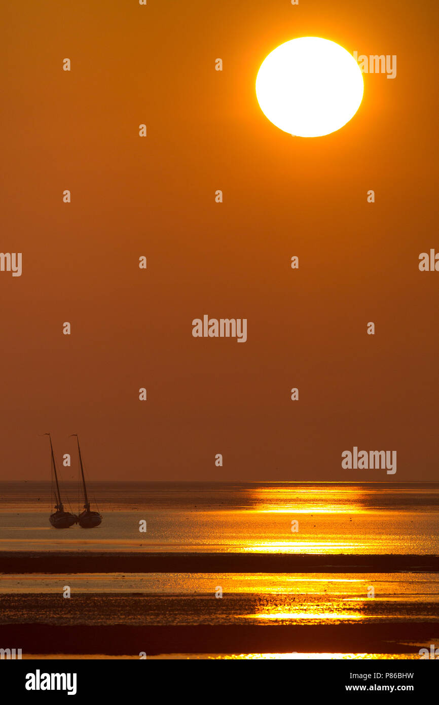 Dans drooggevallen Boten liggen tijdens de Waddenzee zonsopkomst ; bateaux dérivant en mer des Wadden séché au lever du soleil Banque D'Images