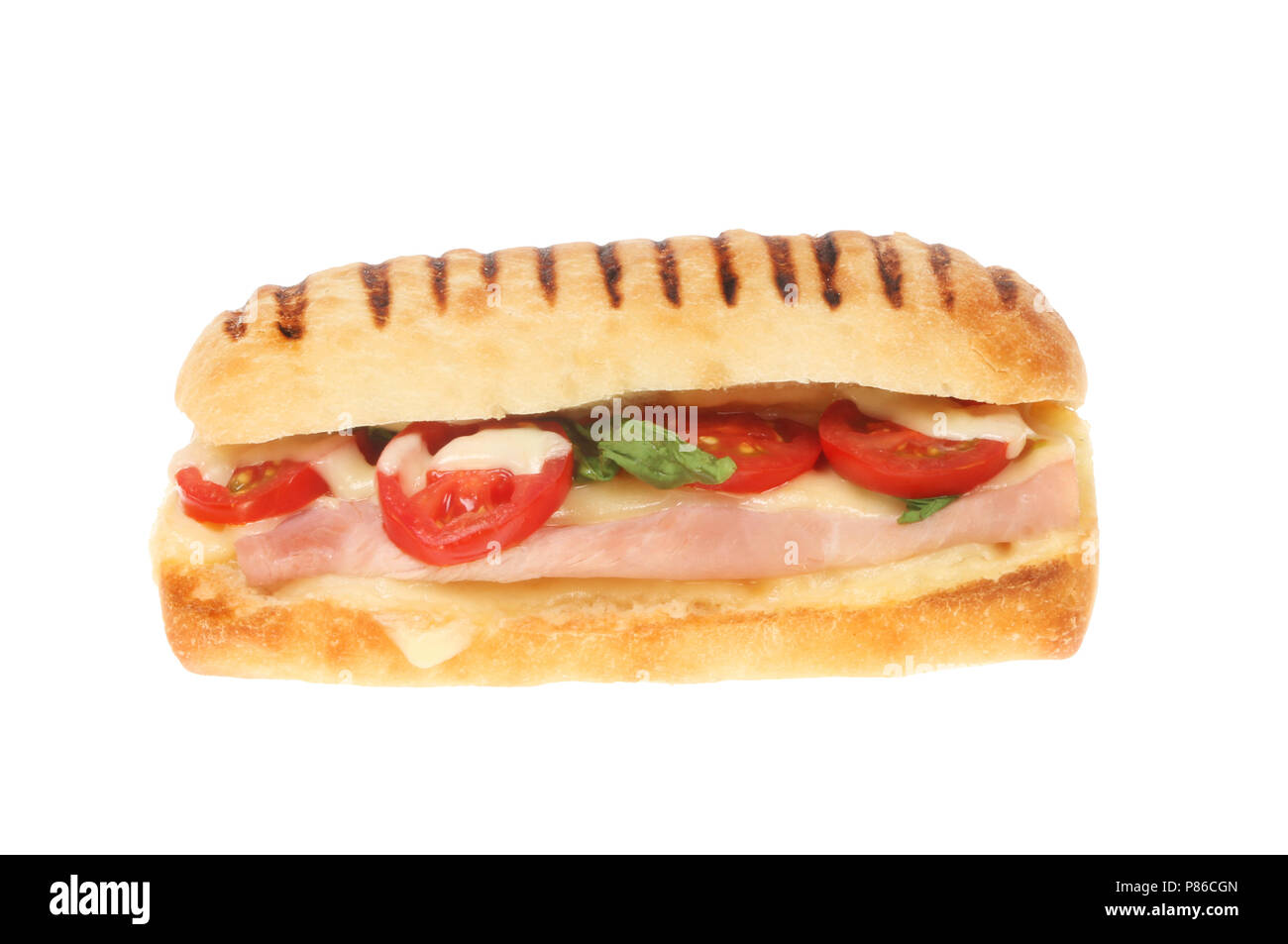 Du jambon, tomate et basilic panini isolés contre white Banque D'Images