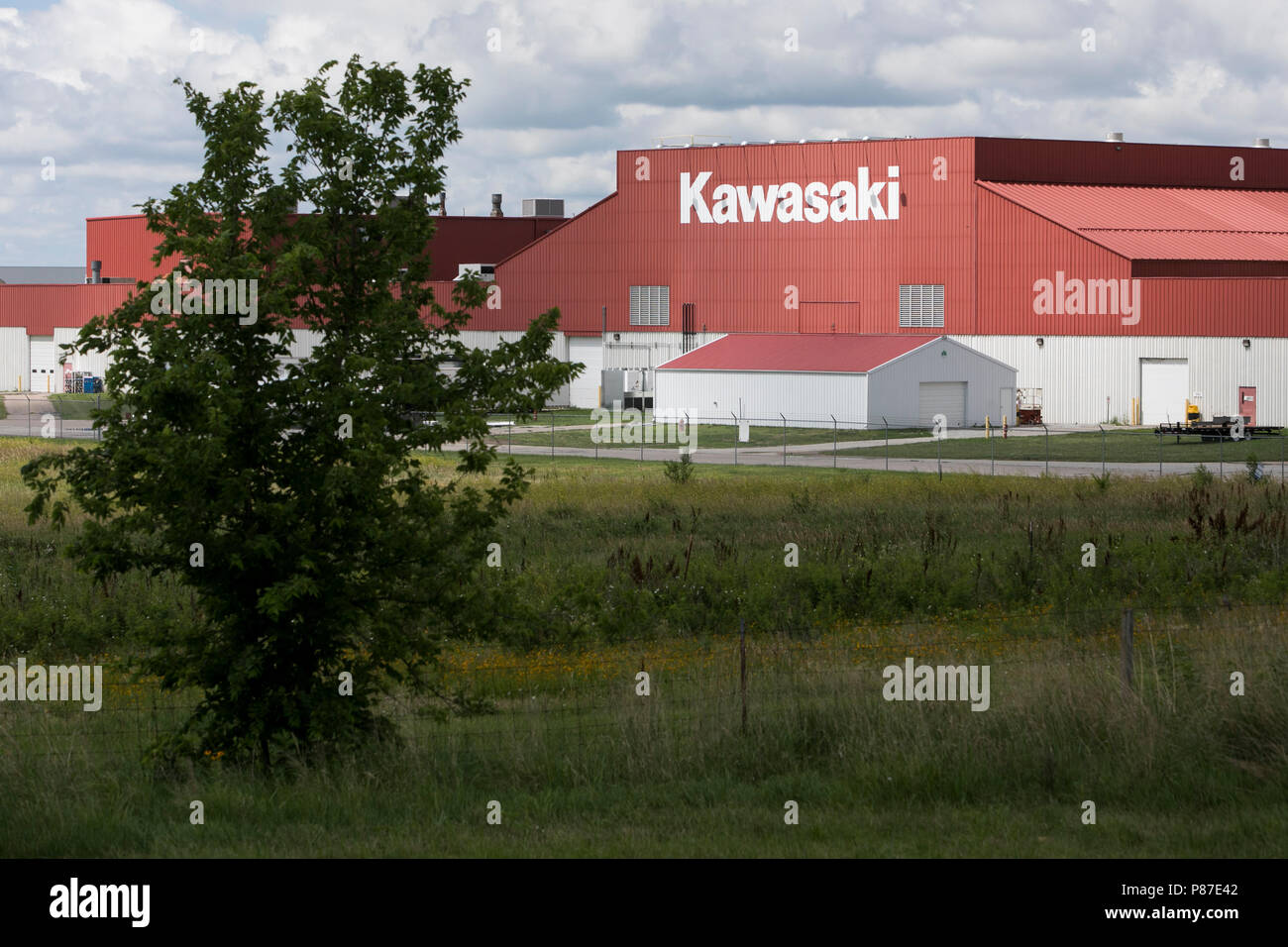 Un logo affiche à l'extérieur de l'usine de fabrication de wagons Kawasaki à Lincoln, Nebraska le 1 juillet 2018. Banque D'Images