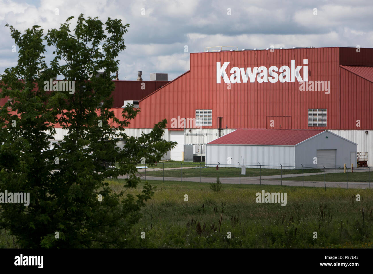 Un logo affiche à l'extérieur de l'usine de fabrication de wagons Kawasaki à Lincoln, Nebraska le 1 juillet 2018. Banque D'Images