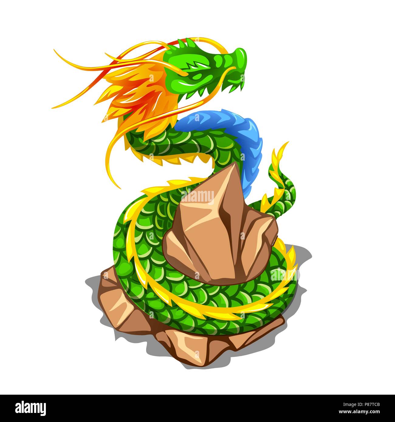 Dragon coloré enroulée autour d'un tas de pierres isolé sur fond blanc. Cartoon Vector illustration close-up. Illustration de Vecteur