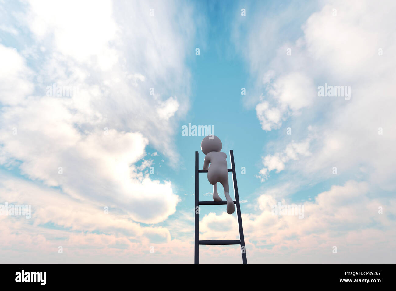 Illustration 3d de 3d stick man escalier grimpant vers le ciel pour atteindre son rêve Banque D'Images
