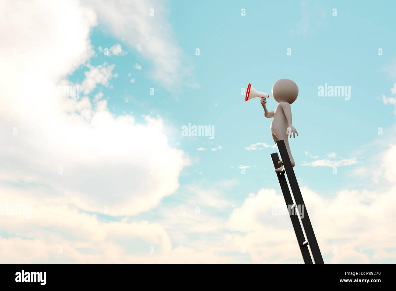 Illustration 3d de 3d stick man escalier d'escalade et de l'utilisation de haut-parleur pour annoncer son succès Banque D'Images