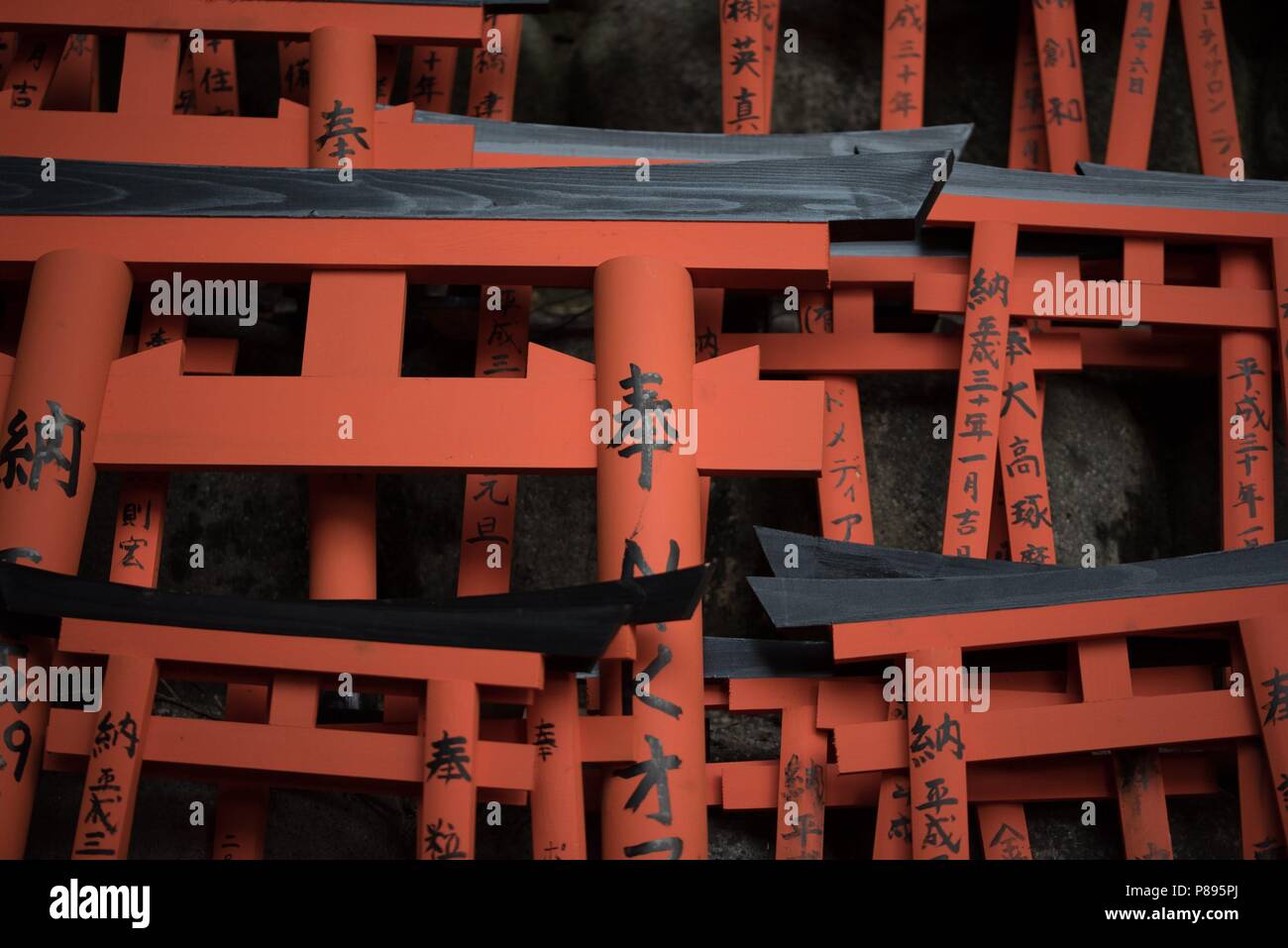 Torii votive au Sanctuaire Fushimi Inari sur un matin glacial de janvier à Kyoto. Banque D'Images