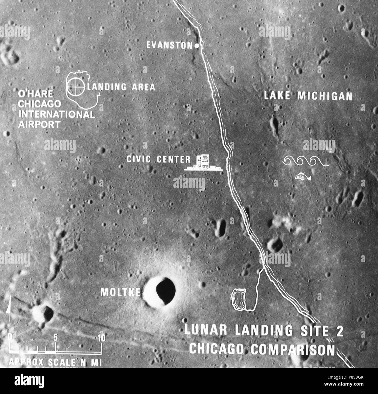 Une illustration photographique comparant la taille de site d'atterrissage d'Apollo 2 avec celui de la région métropolitaine de Chicago. Banque D'Images