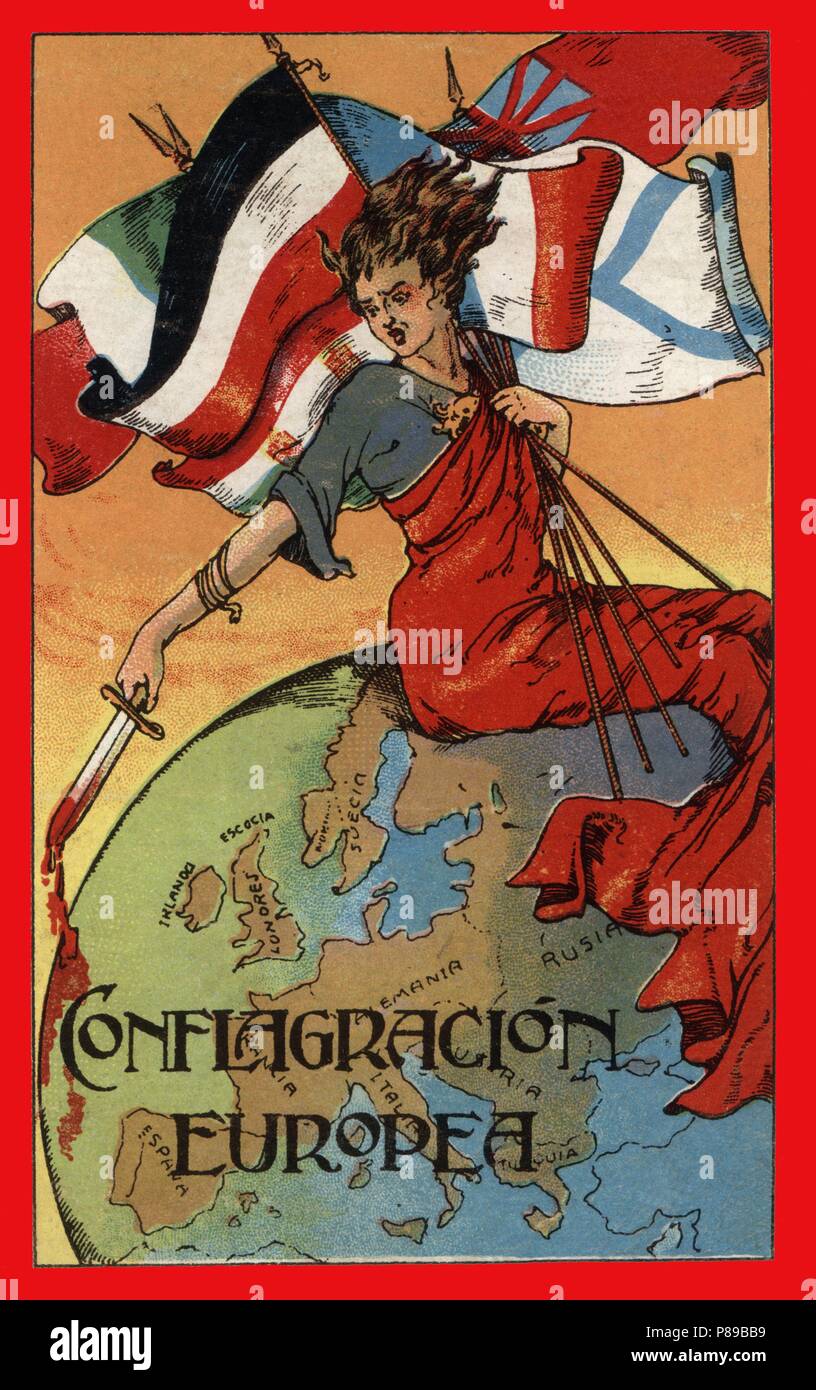 Primera guerra mundial (1914-1918). Alegoría del conflicto internacional con las Banderas de los países intervinientes. Banque D'Images