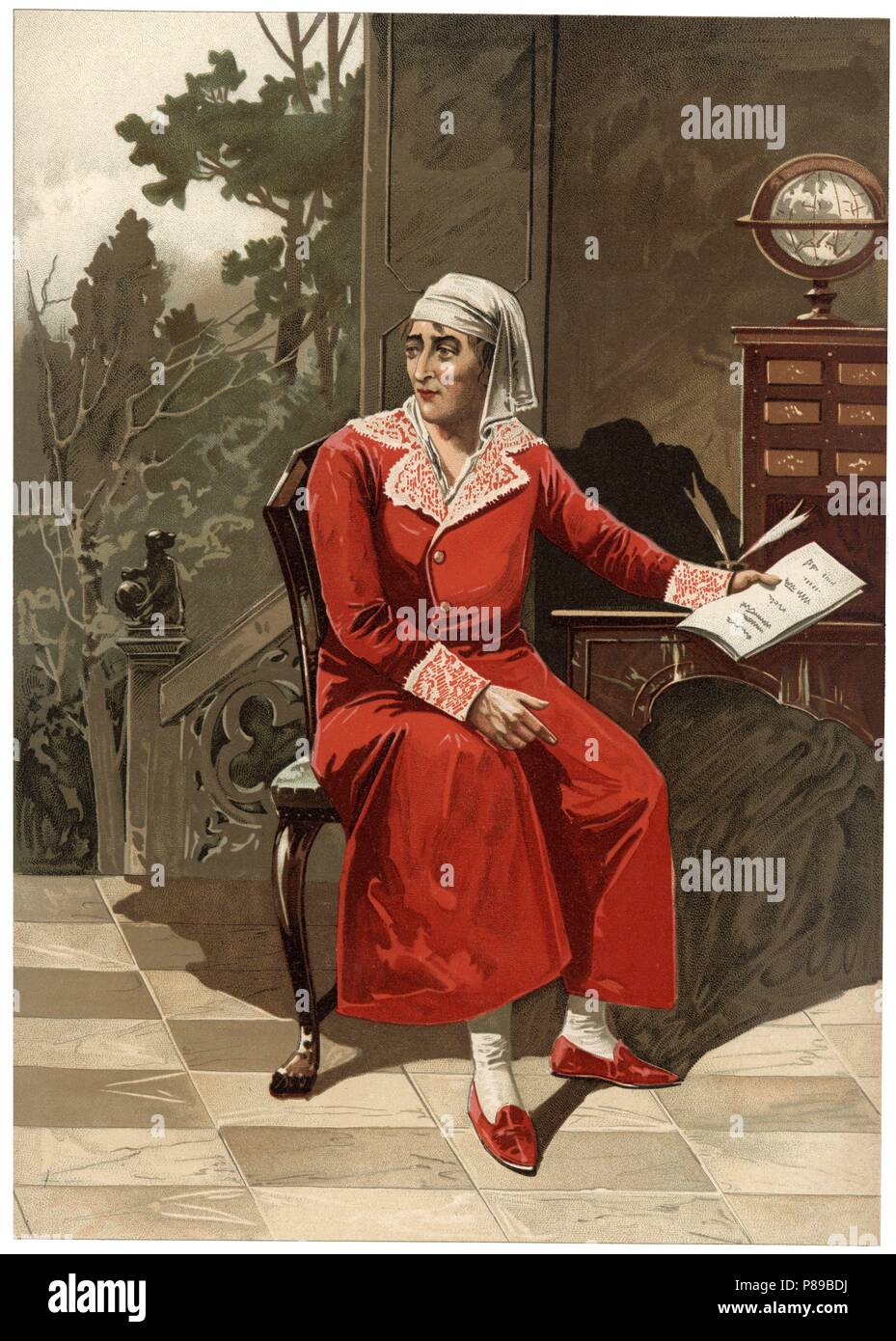 Jean-Paul Marat (1743-1793), médecin français, homme politique et militant révolutionnaire, assis à son bureau. Gravure, 1896. Banque D'Images