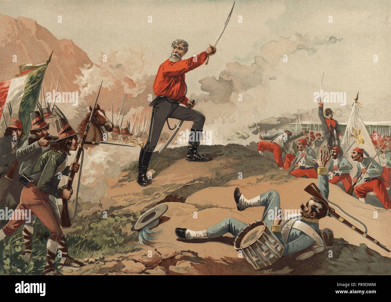 Historia. Italia. Segunda guerra de independencia. Tropas al mando de Giuseppe Garibaldi (1807-1882) contra las tropas francesas que daban soporte al Papa Pio IX y los Estados pontificios en 1867. La gravure de 1896. Banque D'Images