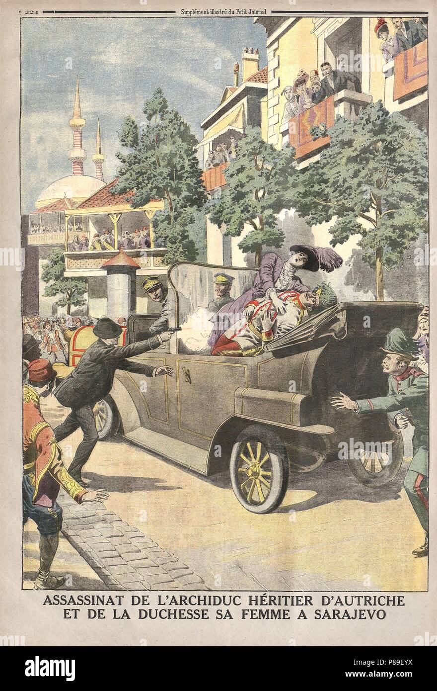 L'assassinat de l'archiduc François-Ferdinand d'Autriche et son épouse, la Duchesse Sophie, par Gavrilo Princip à Sarajevo, le 28 juin. Musée : collection privée. Banque D'Images