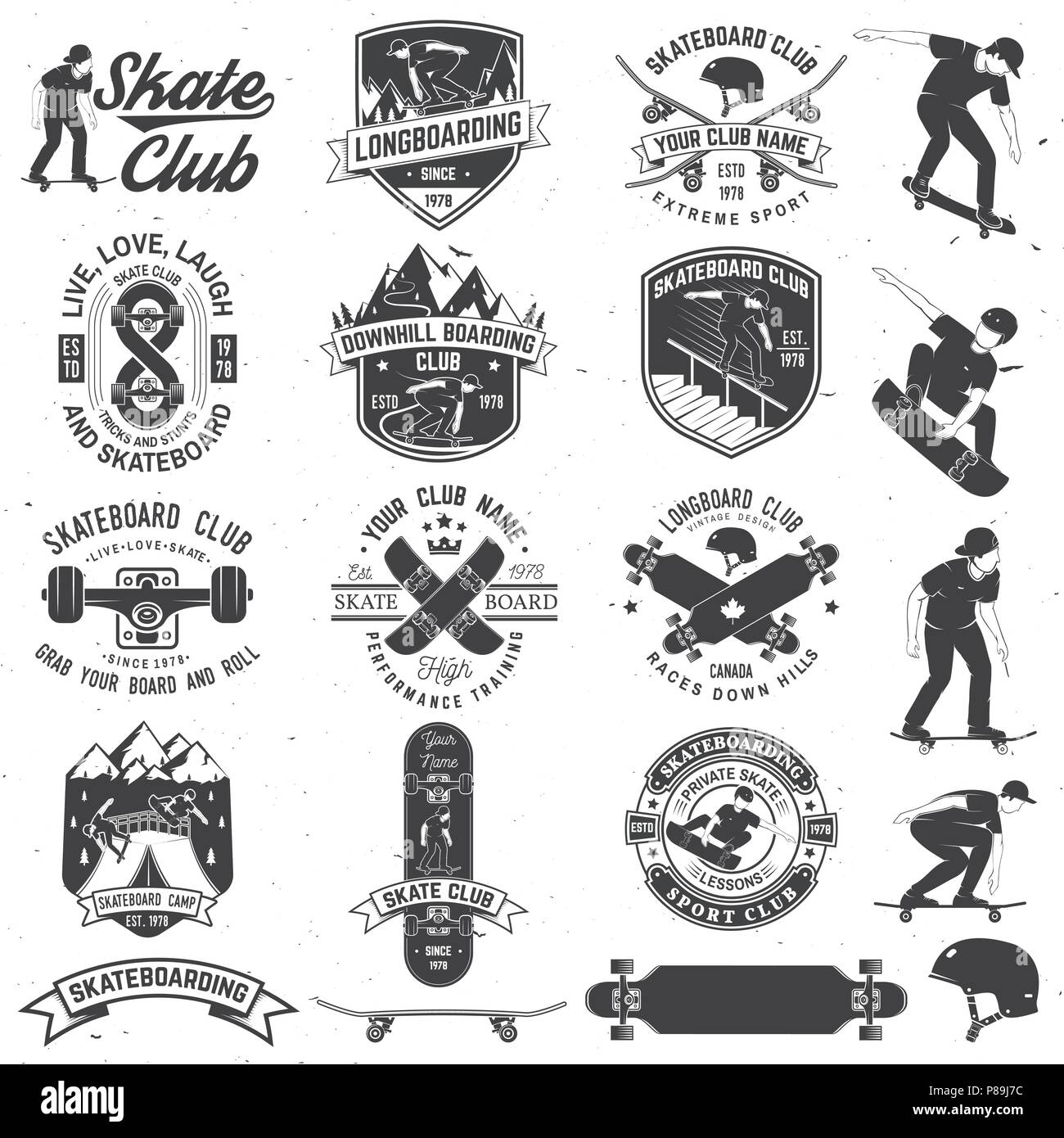 Jeu de skateboard et longboard club badges avec élément de conception. Vecteur. Club de patinage d'emblèmes, signes, t-shirt Vintage typographie design avec skateboards, skate truck et un casque. Sport extrême Illustration de Vecteur