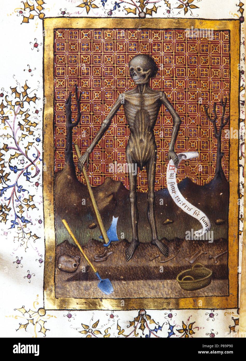 Livre d'heures de Santa Clara, par Bernat Martorell. Black Death. Détail d'une page illuminé par la mort. C. 1430-1435. Du couvent de Santa Clara à Barcelone. Arxiu Històric de la Ciutat de Barcelona. Banque D'Images