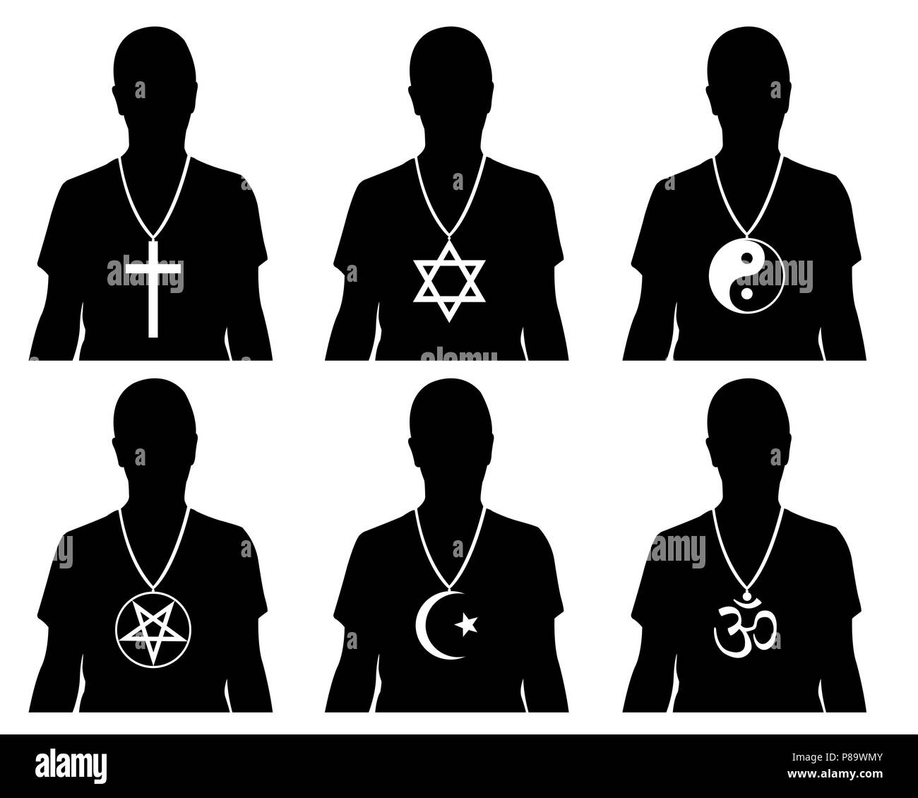 Silhouettes d'hommes avec des symboles religieux isolated on white Banque D'Images