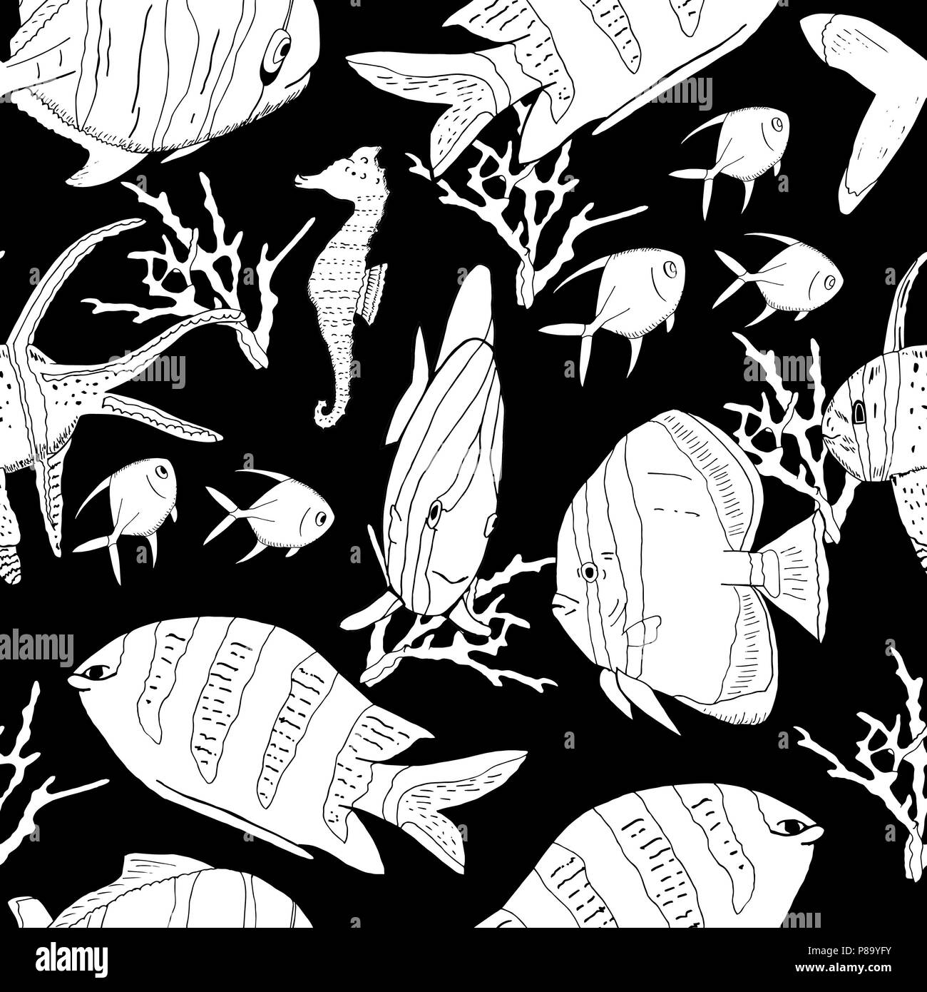 Modèle sans couture sous-marin avec des poissons exotiques, des hippocampes, des coraux sur noir. Hand drawn vector Banque D'Images