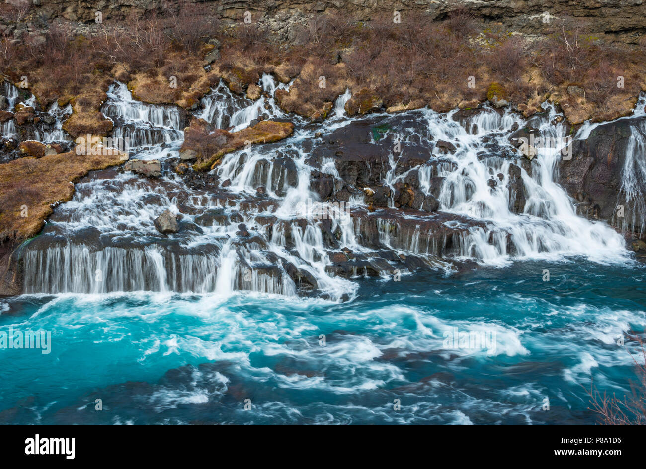 Cascade, rivière Hvítá bleu, cascades de Hraunfossar, ouest de l'île, l'Islande Banque D'Images