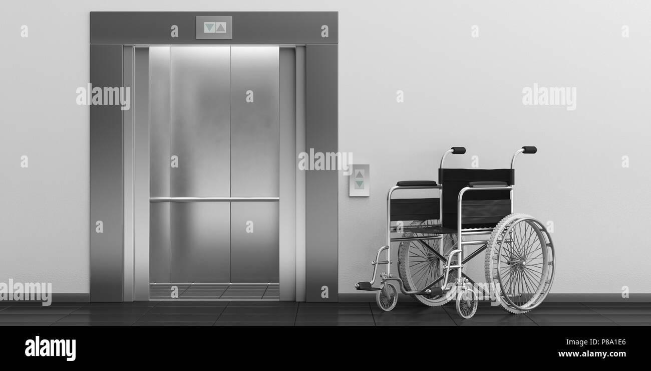 L'accessibilité aux personnes handicapées. Fauteuil roulant vide et ascenseur avec portes ouvertes. 3d illustration Banque D'Images