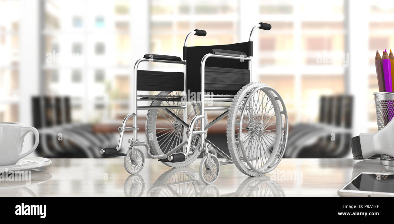 Travailler pour les personnes handicapées. Vide fauteuil roulant sur un bureau 24, Flou d'arrière-plan d'affaires. 3d illustration Banque D'Images